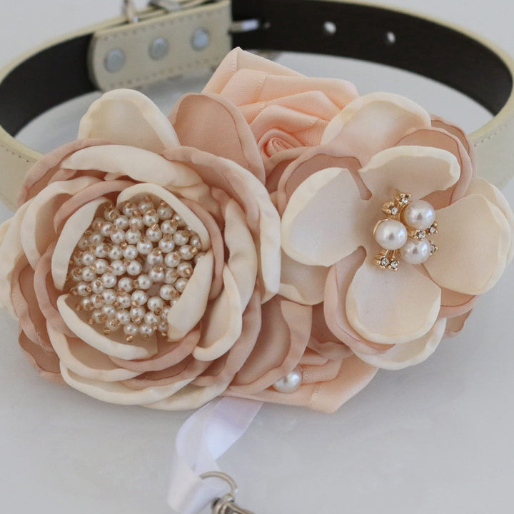 Blush pink floral ring bearer dog collar with pearl accents, ivory vegan leather collar, and decorative ring holder charm