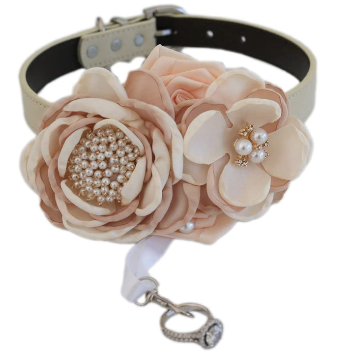 Blush floral ring bearer dog collar featuring handmade flowers, pearl embellishments, ivory vegan leather collar, and crystal ring holder charm