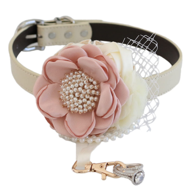 Blush pink floral ring bearer dog collar with pearl centerpiece, lace accents, ivory flowers, and ivory vegan leather collar