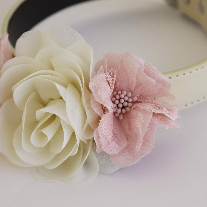 Ivory rose dog collar with blush pink lace flowers and delicate floral detailing.