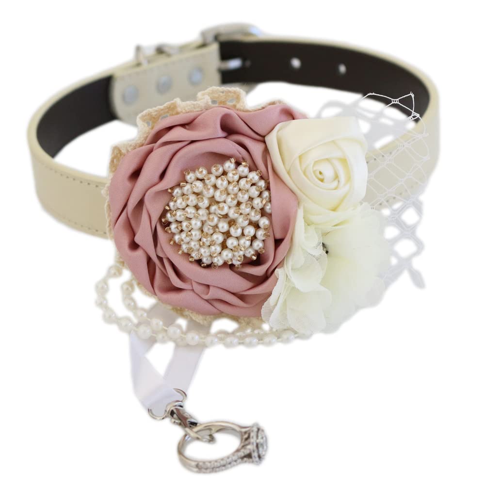 Blush pink and ivory ring bearer dog collar featuring handcrafted floral arrangement, pearl accents, decorative veil detail, and removable ring holder ribbon.