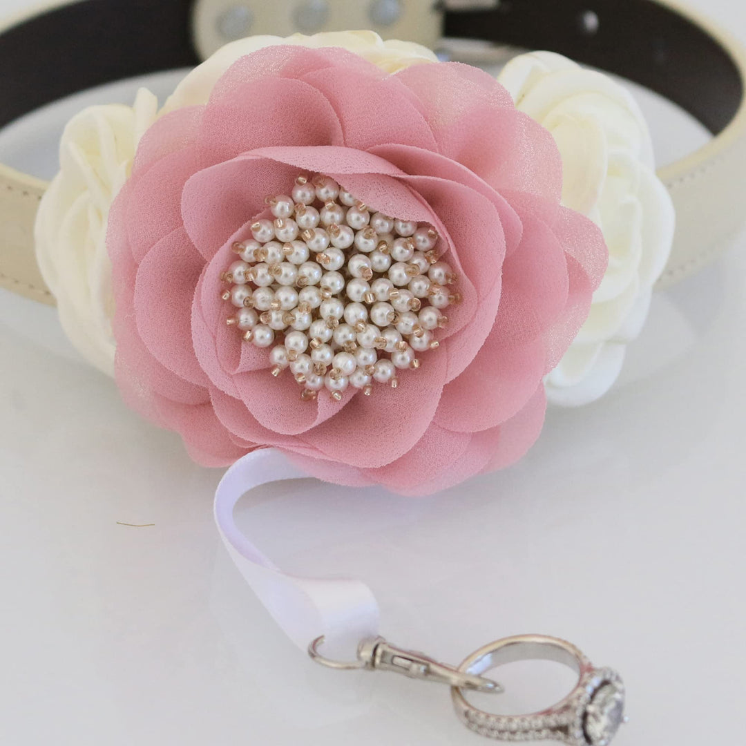 Blush pink ring bearer dog collar with pearl center flower, ivory floral accents, and decorative ring holder ribbon.