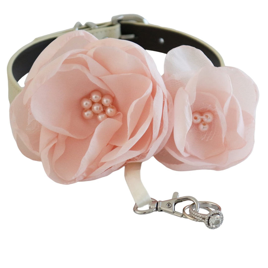 Blush pink floral ring bearer dog collar with handmade flowers, pearl accents, vegan leather collar, and decorative ring holder charm