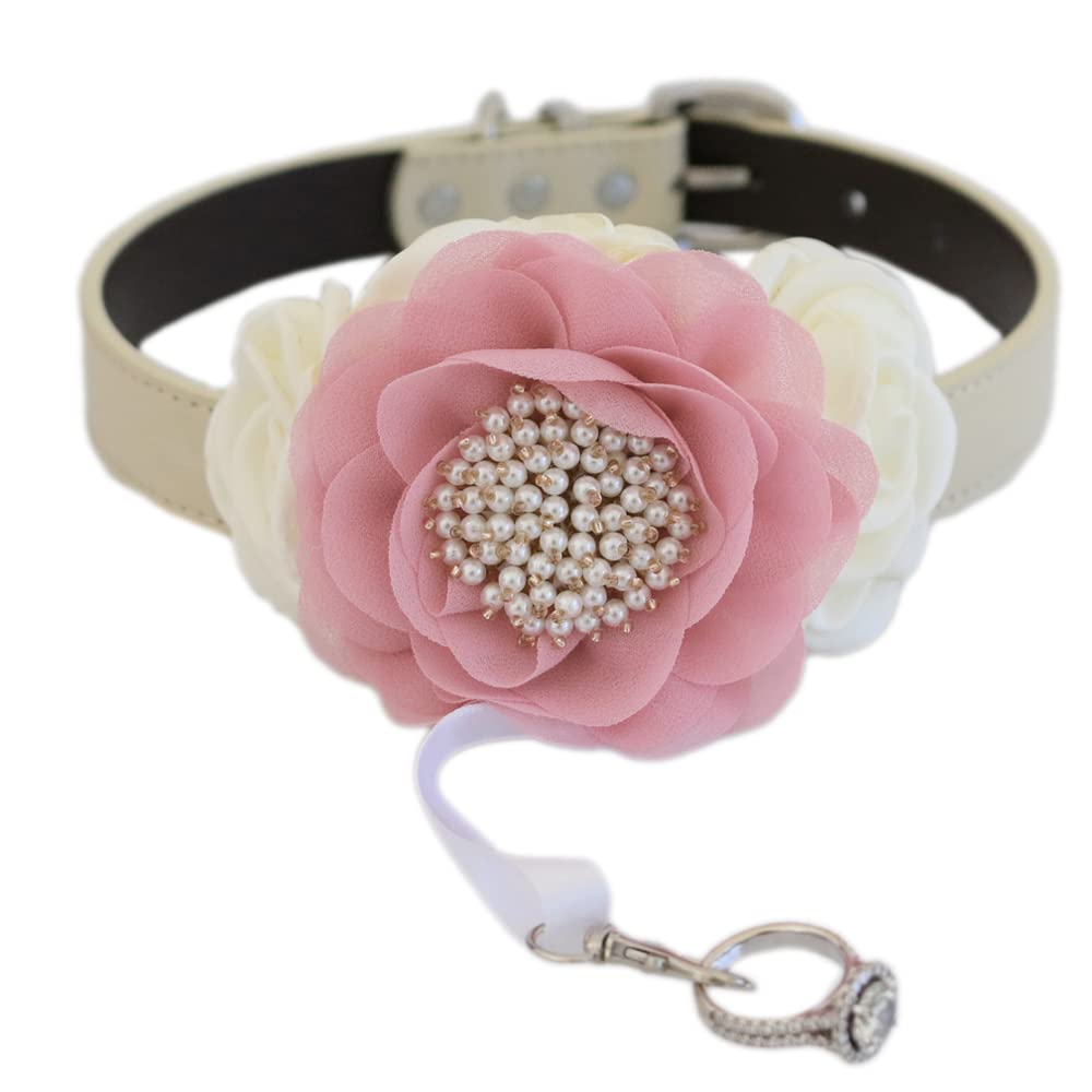 Blush pink floral wedding dog collar featuring a pearl center flower, ivory flowers, and attached ring bearer charm ribbon.