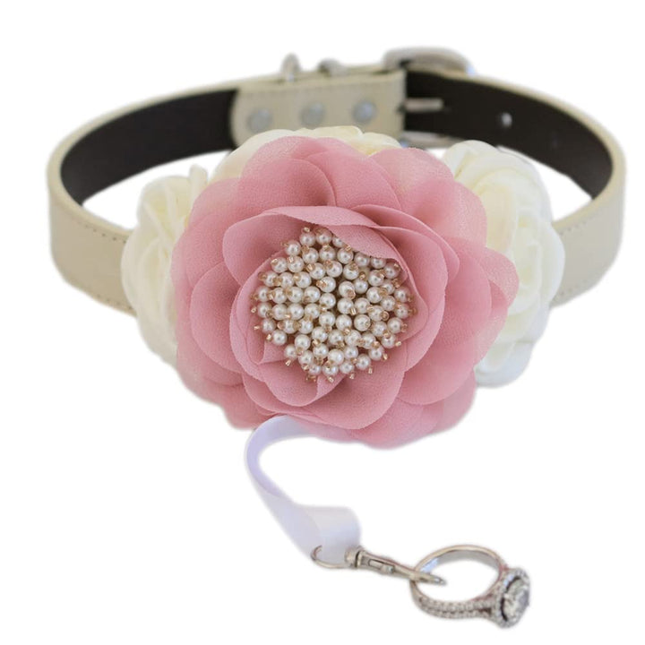 Blush pink floral wedding dog collar featuring a pearl center flower, ivory flowers, and attached ring bearer charm ribbon.