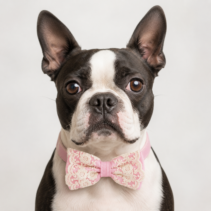 Boston Terrier wearing a soft pink floral lace dog bow tie collar with embroidered floral lace details and matching pink vegan leather collar for weddings, photoshoots, and special occasions