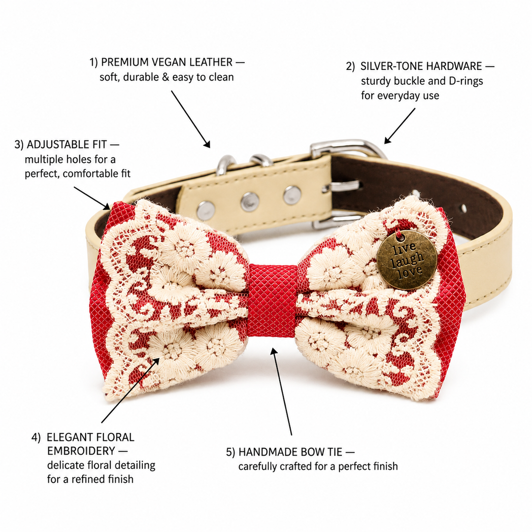 Handmade dog bow tie collar feature guide showing vegan leather material, hardware, adjustability, and floral embroidery details
