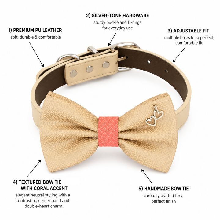 Features of beige dog bow tie collar including vegan leather, adjustable fit, silver hardware, and heart charm