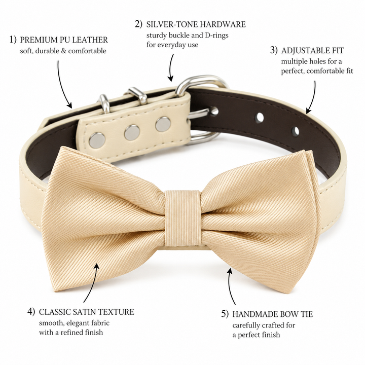 Features of handmade dog bow tie collar including vegan leather, adjustable fit, silver hardware, and satin bow tie