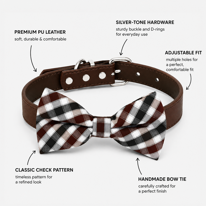 Brown plaid bow tie dog collar featuring vegan leather, adjustable fit, and silver-tone hardware