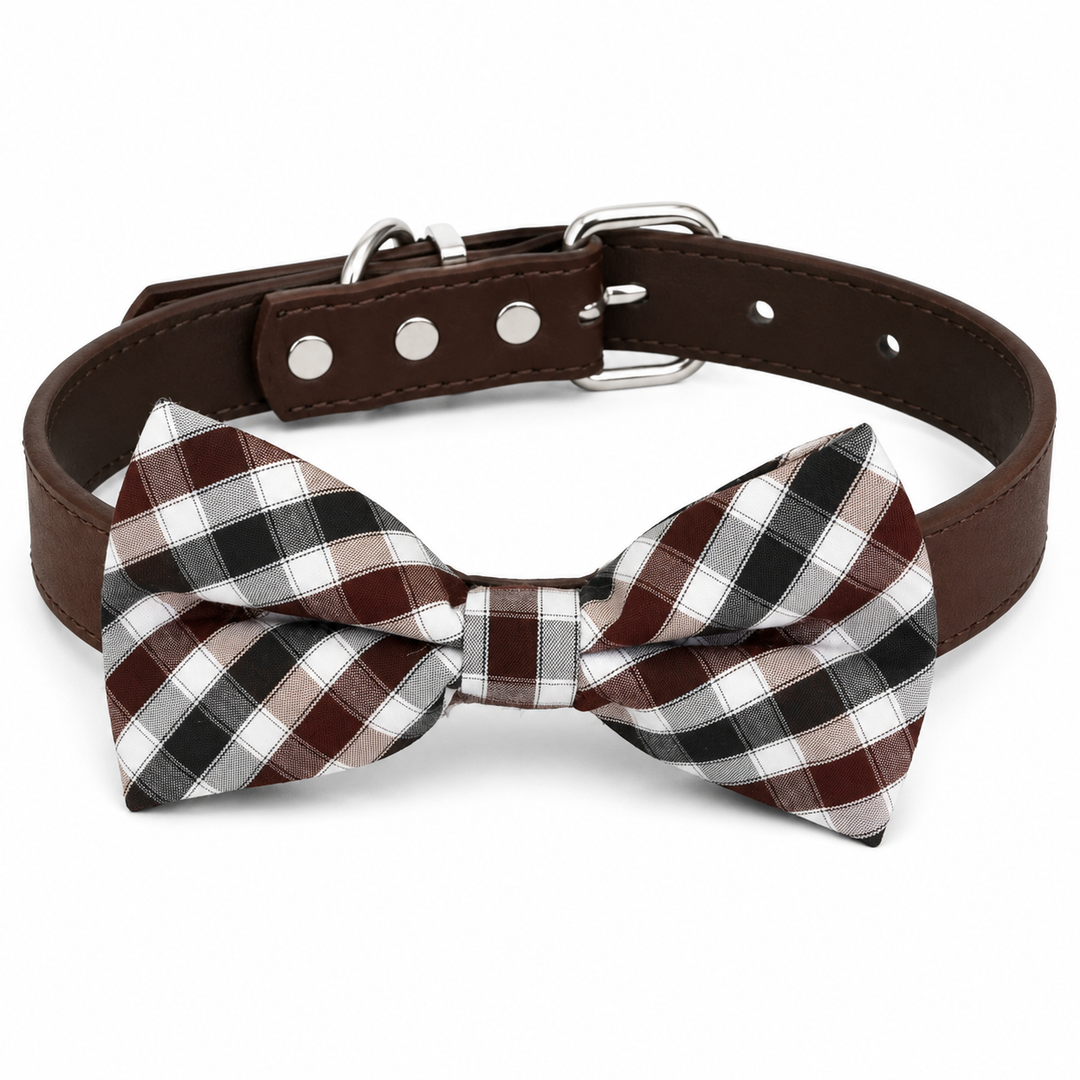 Brown plaid bow tie dog collar with adjustable vegan leather collar and silver-tone hardware