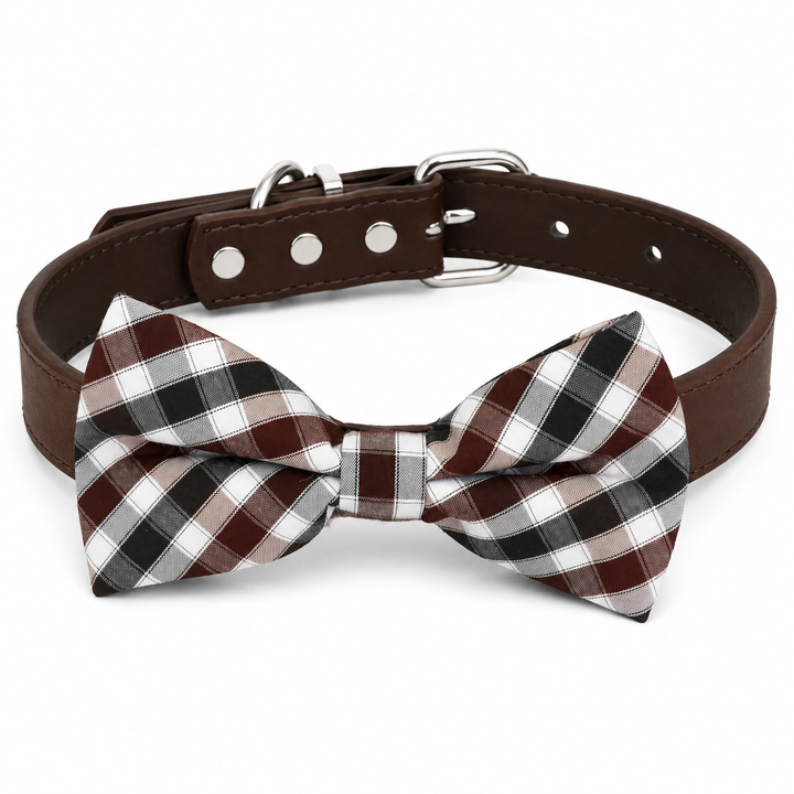 Brown plaid bow tie dog collar with adjustable vegan leather collar and silver-tone hardware