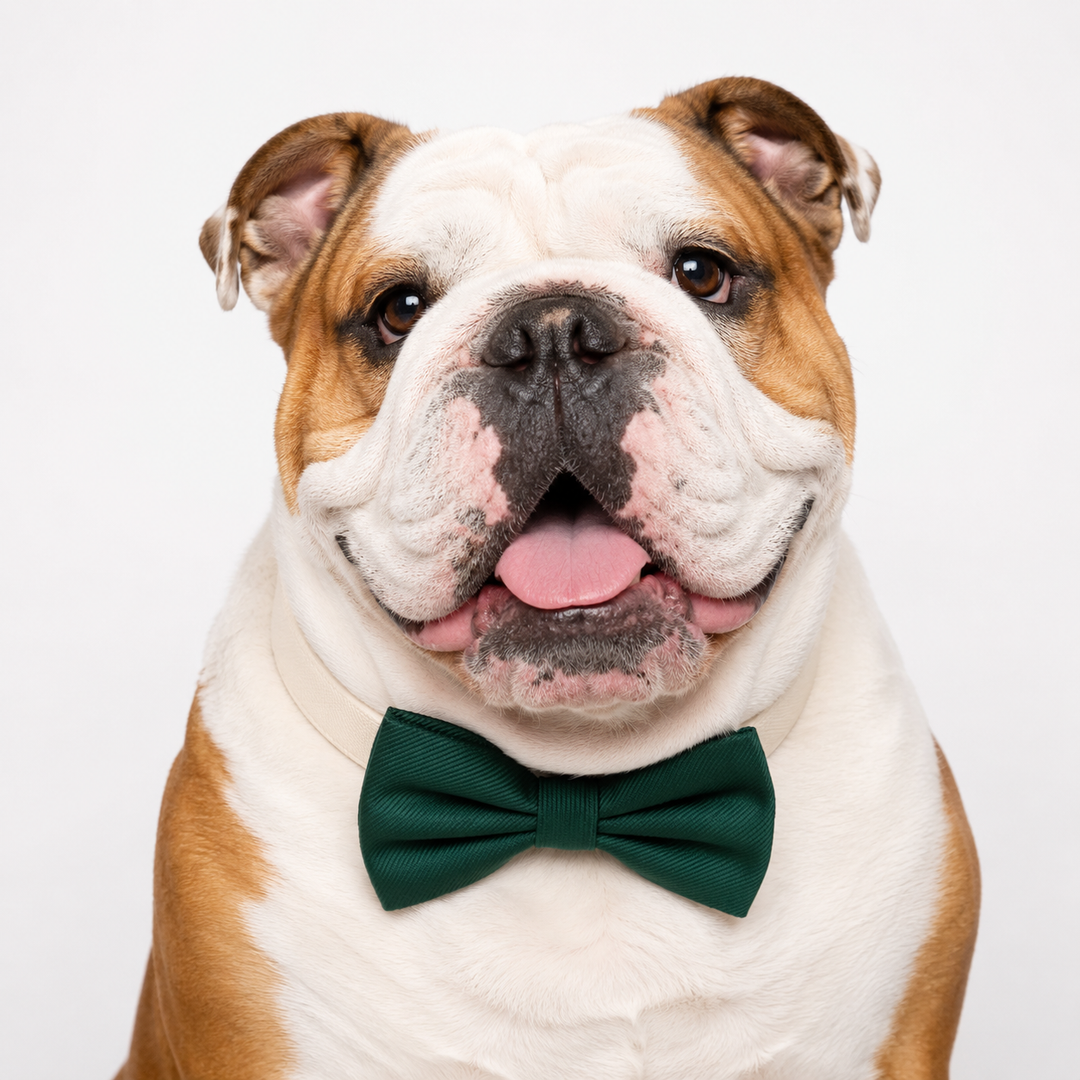 English Bulldog wearing an emerald green ring bearer dog bow tie collar with ivory vegan leather collar and ring holder accessory