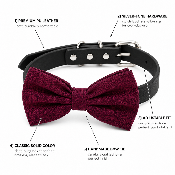 Burgundy dog bow tie collar feature guide showing vegan leather collar, silver-tone hardware, adjustable fit, solid color fabric, and handmade bow tie