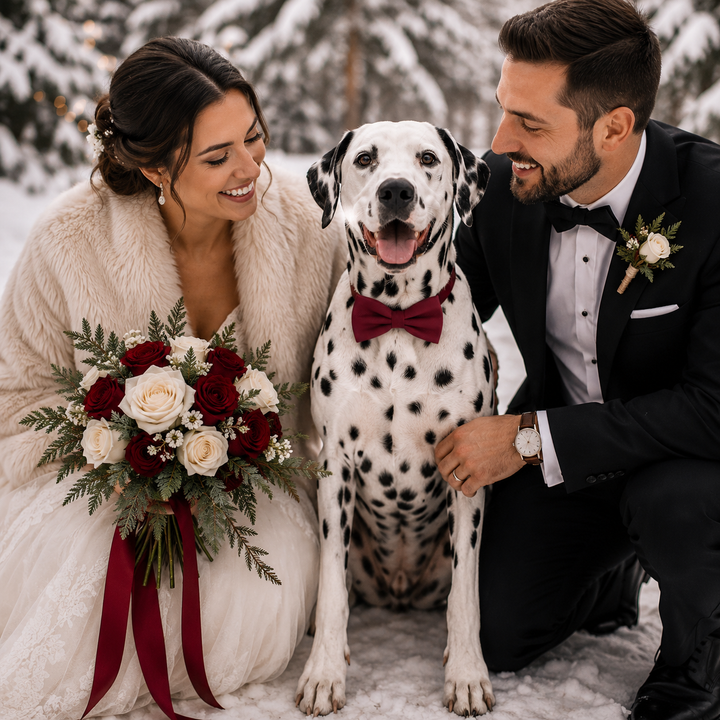 Dalmatian wedding dog wearing a burgundy bow tie collar beside bride and groom during a winter wedding