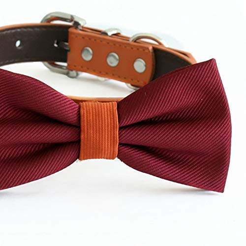Close-up detail of burgundy ribbed dog bow tie with cinnamon center band and cinnamon vegan leather collar