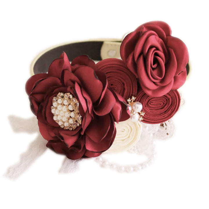 Handmade burgundy flower dog collar featuring layered floral arrangement, pearl embellishments, and decorative lace accents for special occasions