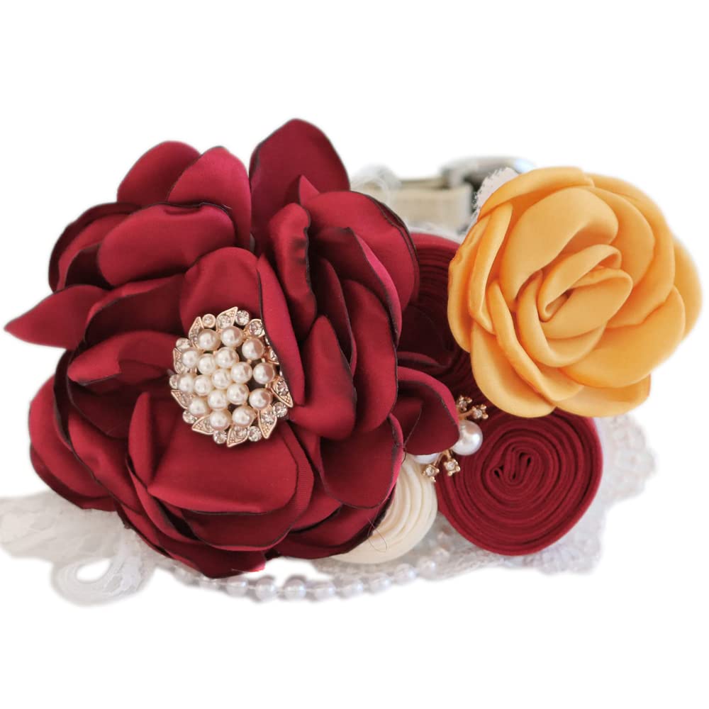 Handmade burgundy and golden yellow flower dog collar featuring pearl details, lace accents, and elegant wedding styling design