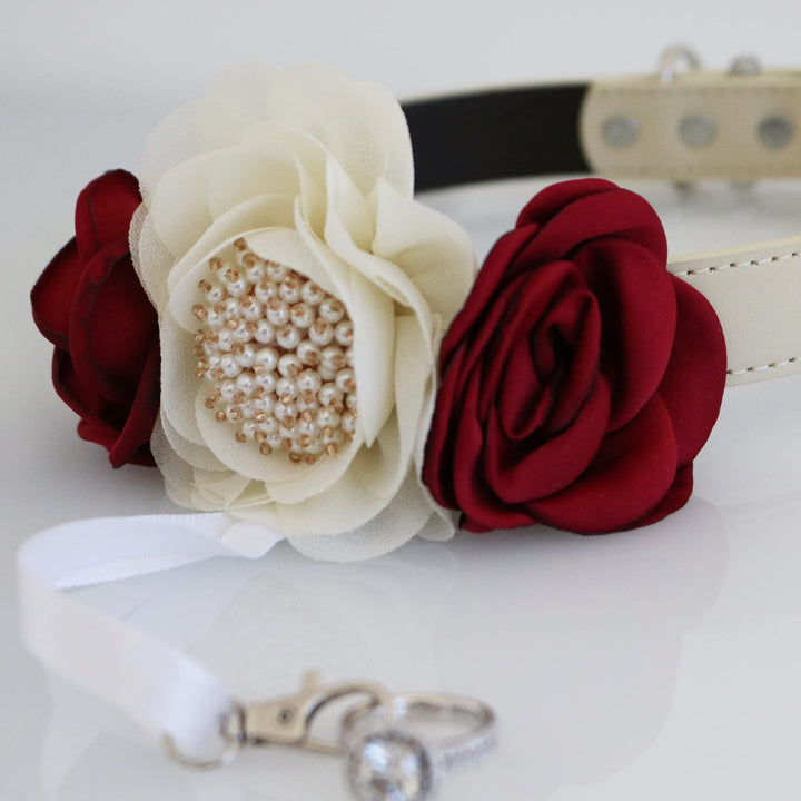 Close-up of burgundy and ivory floral ring bearer dog collar with pearl centerpiece and removable ribbon hook.