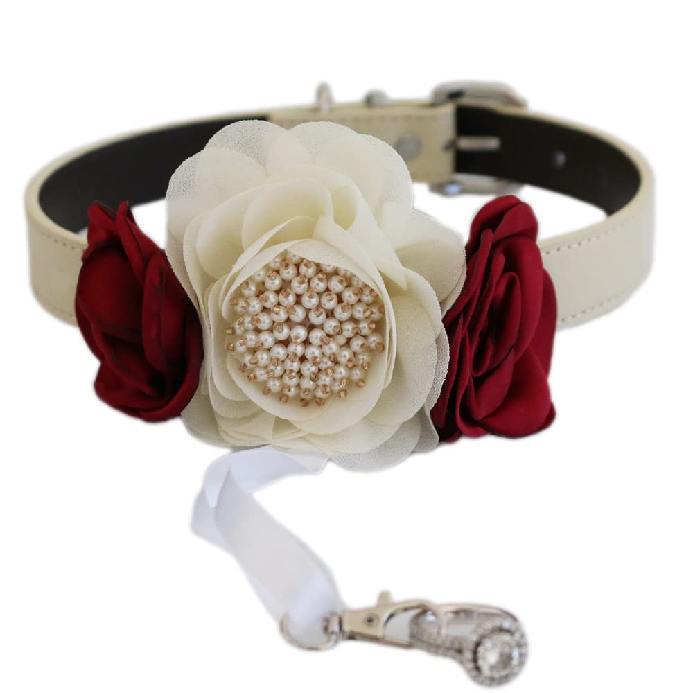 Burgundy and ivory floral ring bearer dog collar featuring pearl center flower, satin roses, and optional ribbon attachment.