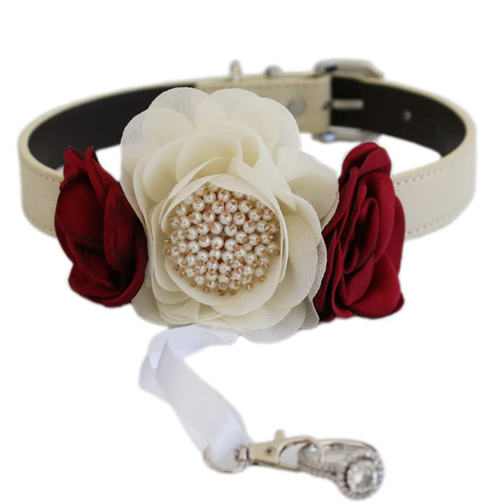 Burgundy and ivory floral ring bearer dog collar featuring pearl center flower, satin roses, and optional ribbon attachment.