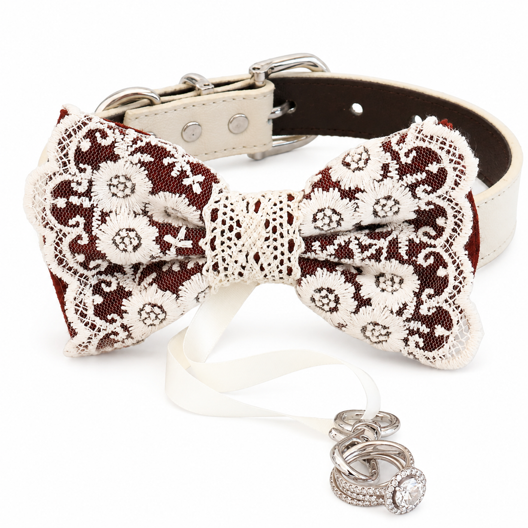 Burgundy and ivory lace ring bearer dog bow tie collar with attached wedding ring holder ribbon and adjustable vegan leather collar.