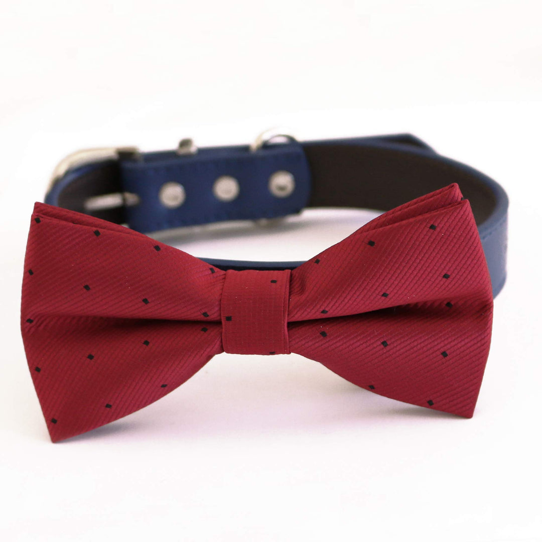 Burgundy dog bow tie with black micro dot pattern attached to a navy vegan leather collar