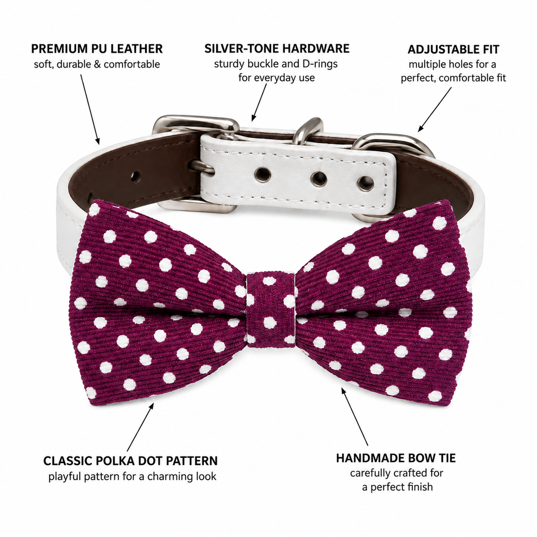 Burgundy polka dot dog bow tie collar feature guide showing vegan leather collar, adjustable fit, silver-tone hardware, and handmade bow tie