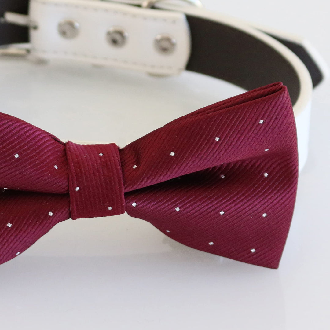 Close-up view of burgundy dog bow tie with silver dot pattern and white vegan leather collar