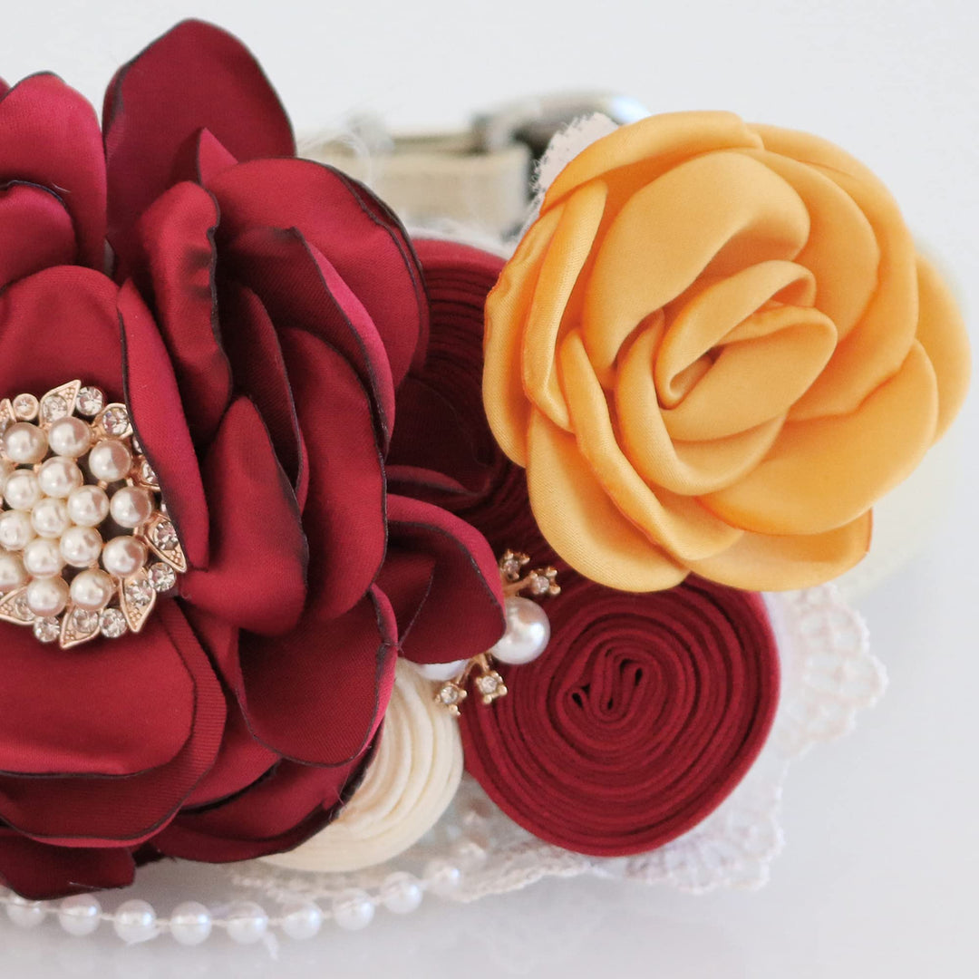 Burgundy and yellow floral ring bearer dog collar with pearl embellishments, lace accents, and decorative ring holder charm