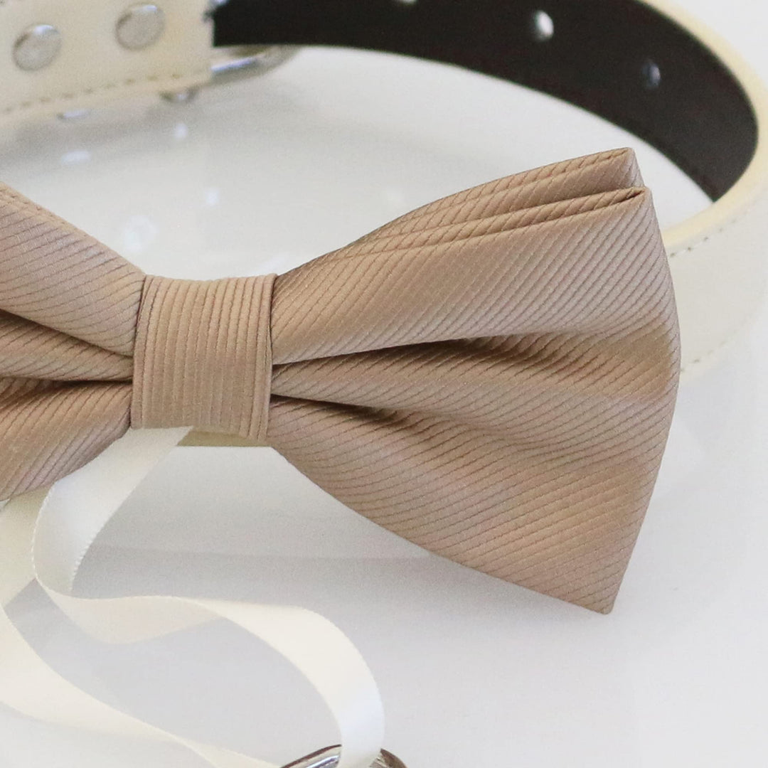 Champagne ring bearer dog bow tie with textured satin fabric and attached ring holder ribbon