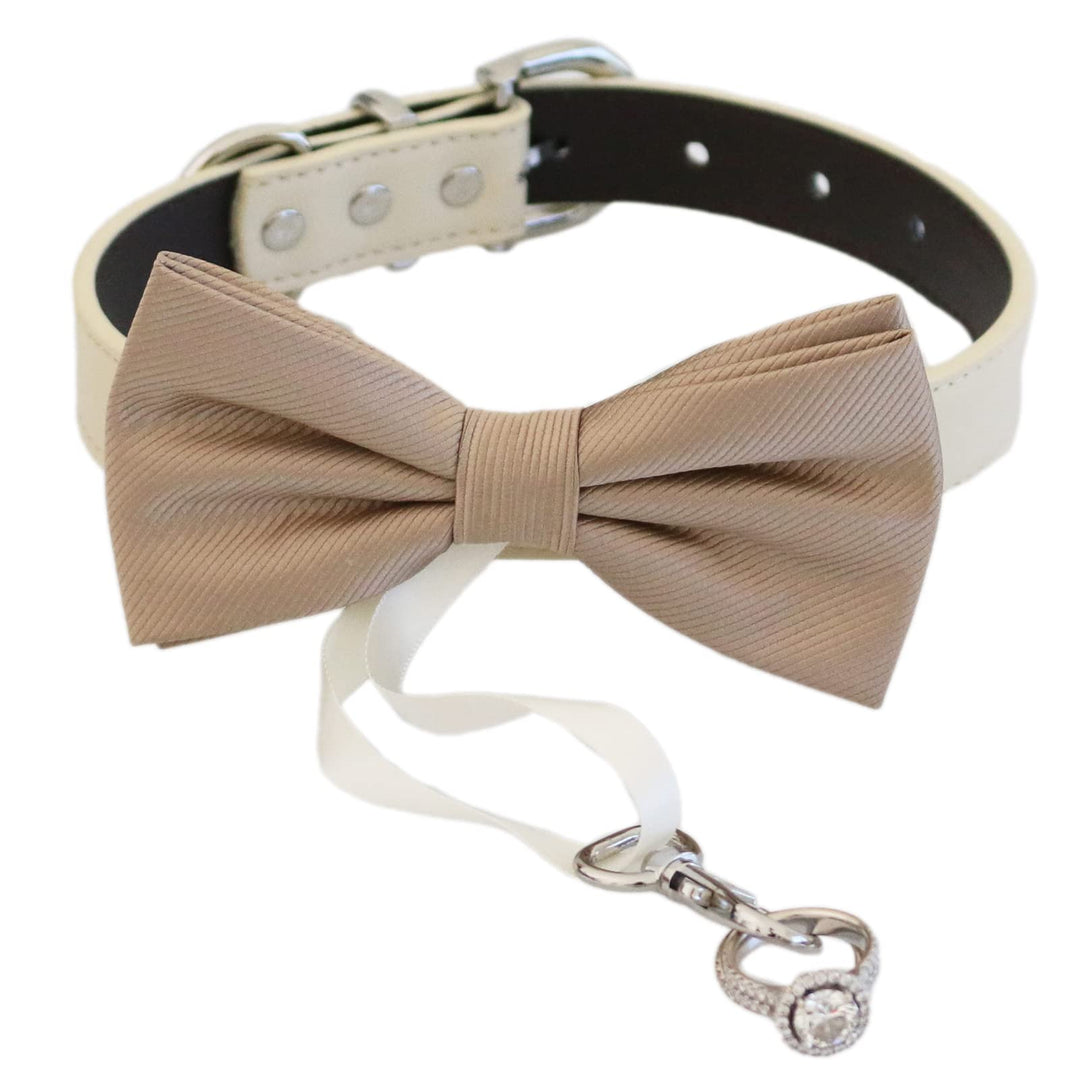 Champagne ring bearer dog bow tie collar with vegan leather collar and decorative ring holder ribbon attached to the bow tie