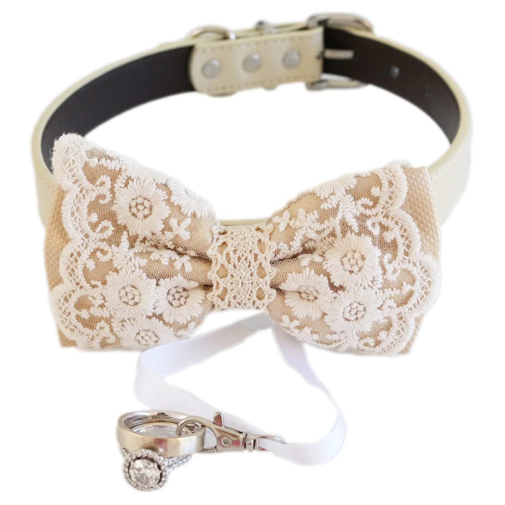Champagne floral embroidered ring bearer dog bow tie collar with attached wedding ring holder ribbon, champagne vegan leather collar, and elegant lace detailing