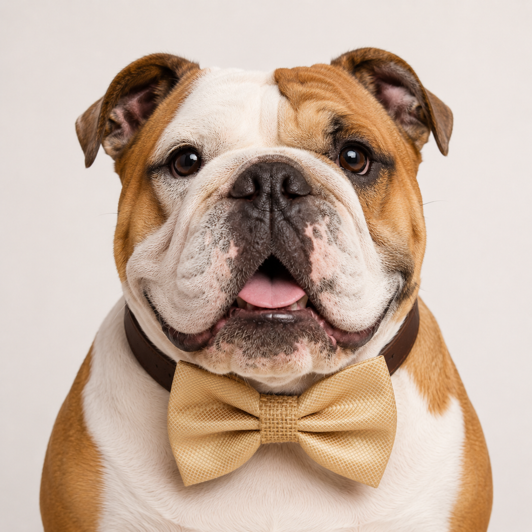 English bulldog wearing a champagne ring bearer dog bow tie collar with brown vegan leather collar and textured woven center band for weddings and formal events