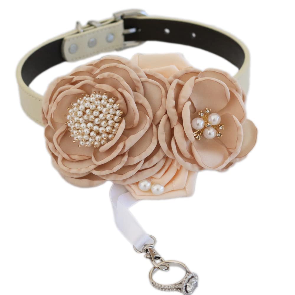 Elegant champagne flower dog wedding collar featuring pearl embellishments, handcrafted floral arrangement, and ring bearer charm detail