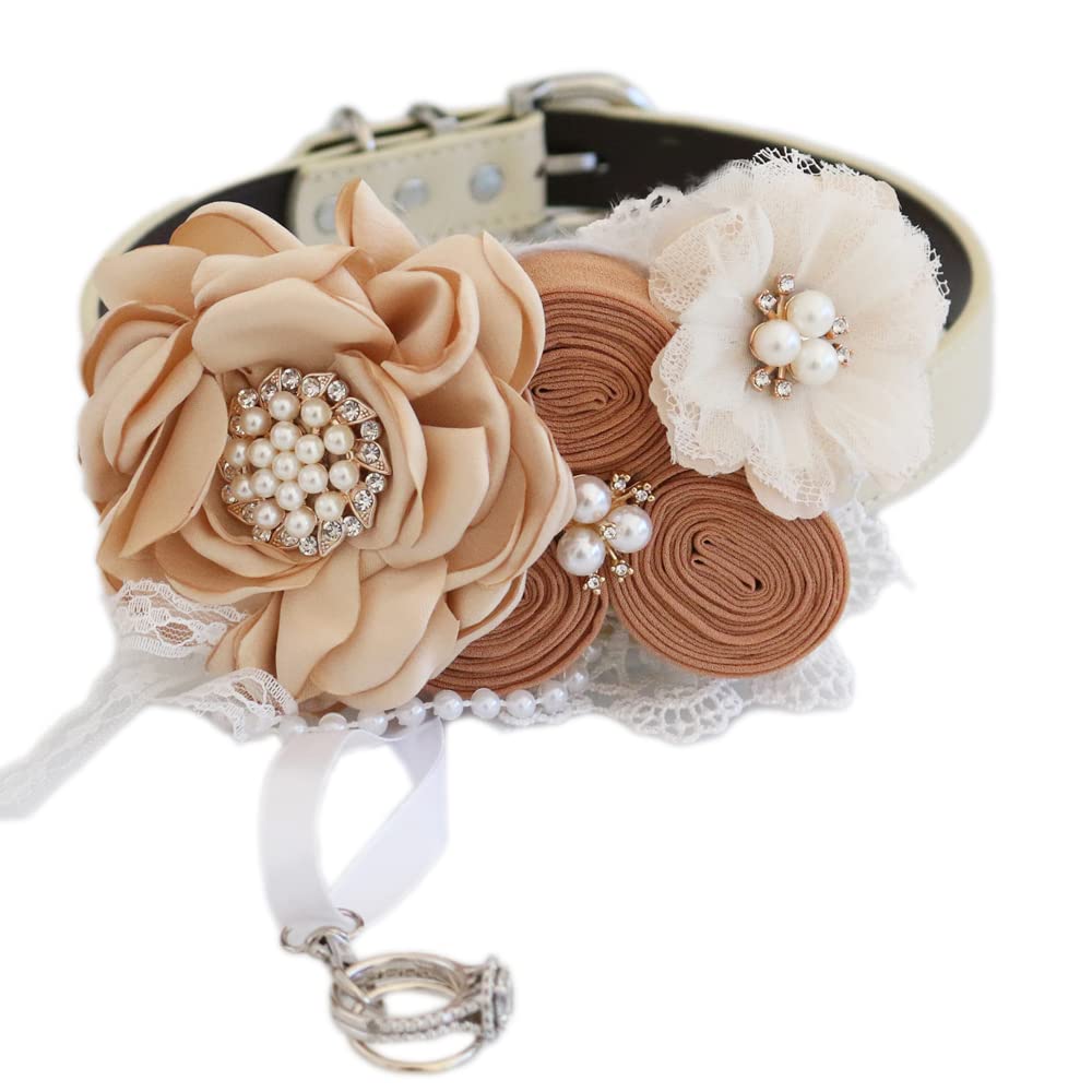 Elegant dog wedding collar featuring champagne flowers, pearl embellishments, lace accents, and ring bearer charm for ceremonies and photoshoots