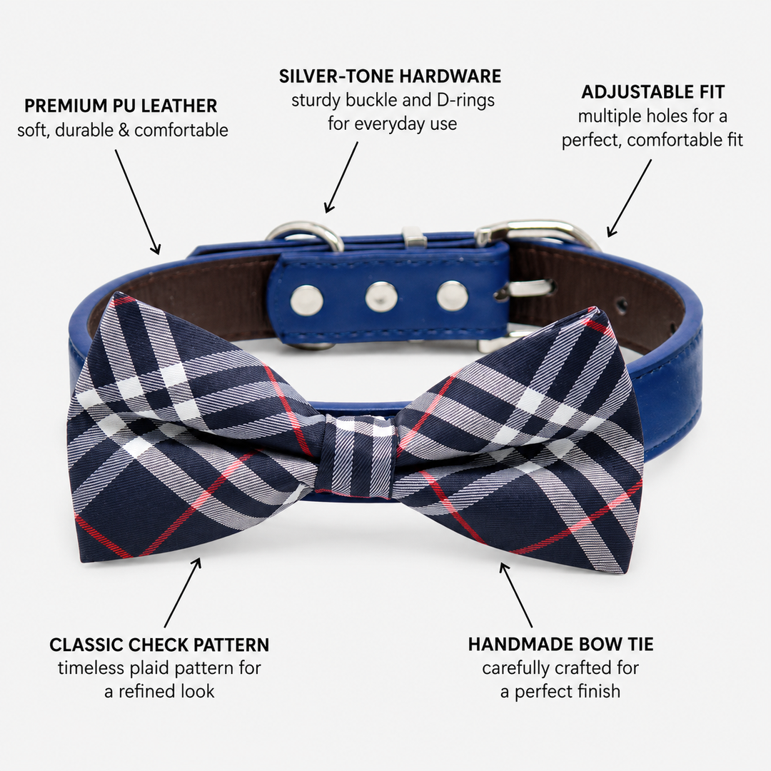 Dog bow tie collar feature guide showing classic check pattern, blue vegan leather collar, silver-tone hardware, adjustable fit, and handmade craftsmanship