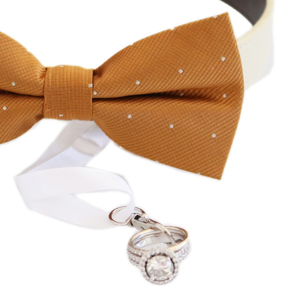 Close-up of cinnamon micro dot ring bearer dog bow tie with satin ribbon ring holder and ivory vegan leather collar