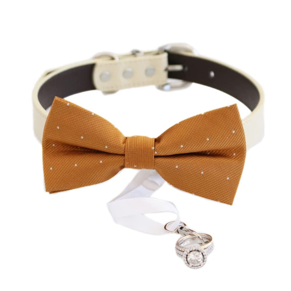 Cinnamon micro dot ring bearer dog bow tie collar with satin ribbon ring holder, ivory vegan leather collar, and silver-tone hardware