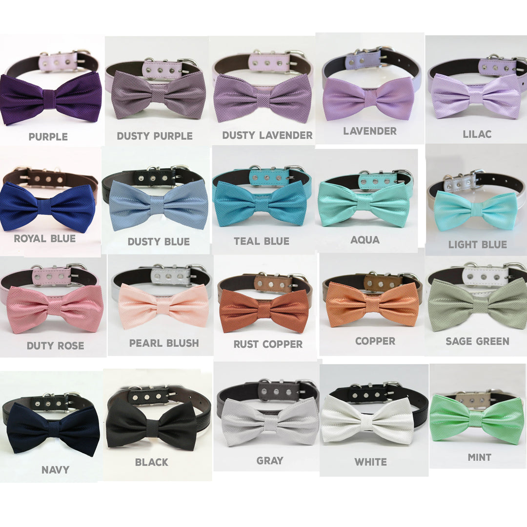 Luxury dog bow tie collar color options chart featuring purple, lavender, royal blue, mint, sage green, copper, black, and white colors.