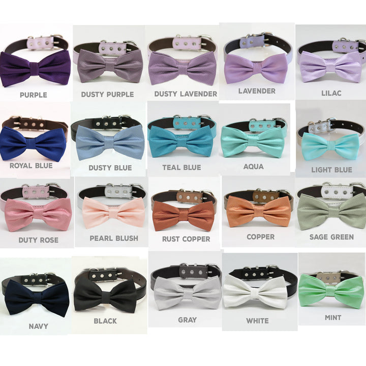 Luxury dog bow tie collar color options chart featuring purple, lavender, royal blue, mint, sage green, copper, black, and white colors.