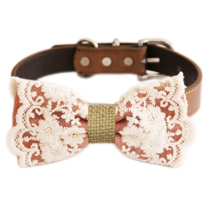 Copper floral lace dog bow tie collar with embroidered cream floral lace overlay, textured center wrap, and brown vegan leather collar