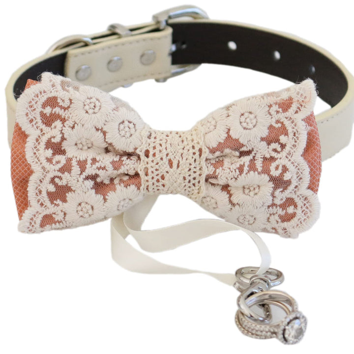 Copper lace ring bearer dog bow tie collar with floral embroidered lace overlay, decorative ring holder ribbon, cream vegan leather collar, and silver-tone hardware