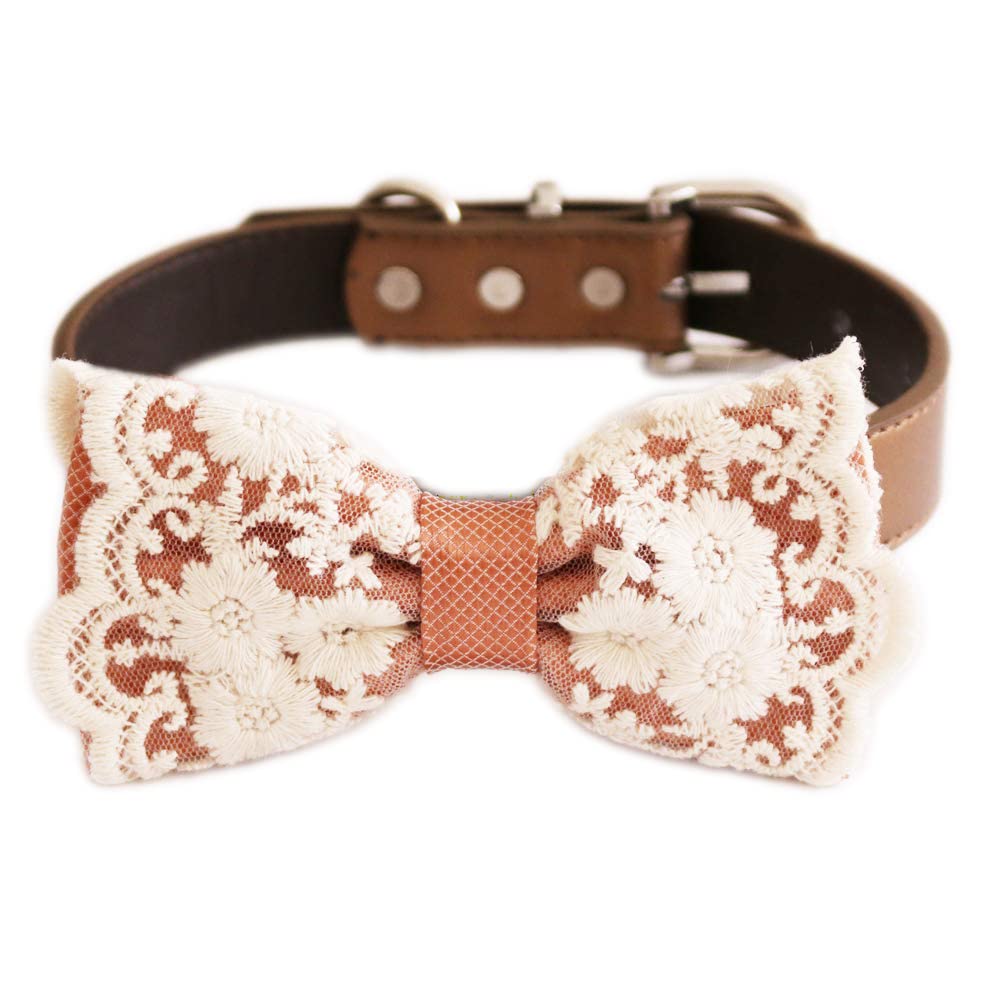 Copper floral lace ring bearer dog bow tie collar with premium vegan leather collar and elegant embroidered lace detailing