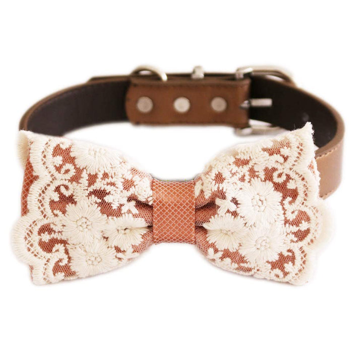 Copper floral lace ring bearer dog bow tie collar with premium vegan leather collar and elegant embroidered lace detailing