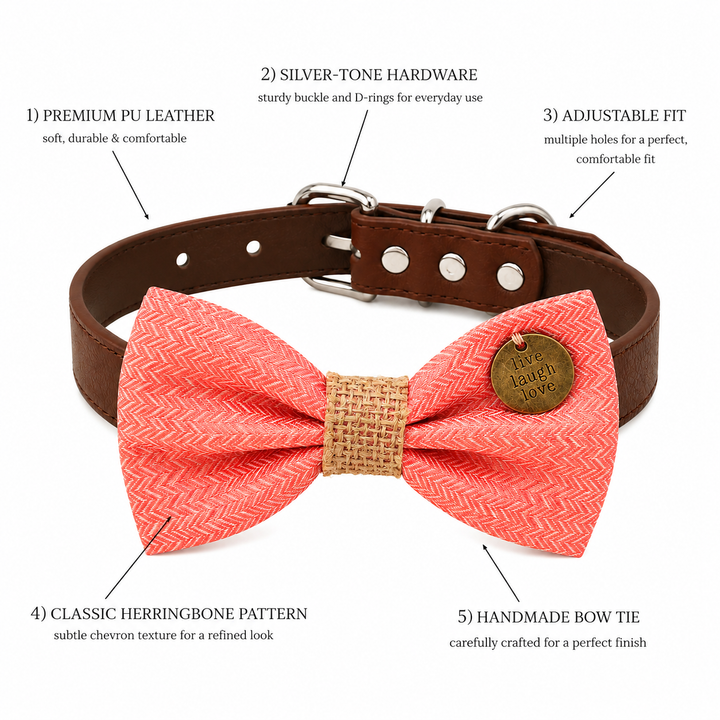 Coral herringbone dog bow tie collar highlighting vegan leather, silver hardware, adjustable fit, and handmade construction.