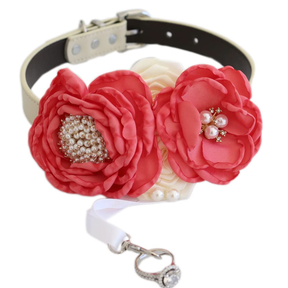Coral and ivory ring bearer dog collar featuring handcrafted flowers, pearl accents, adjustable vegan leather collar, and decorative wedding ring holder charm.