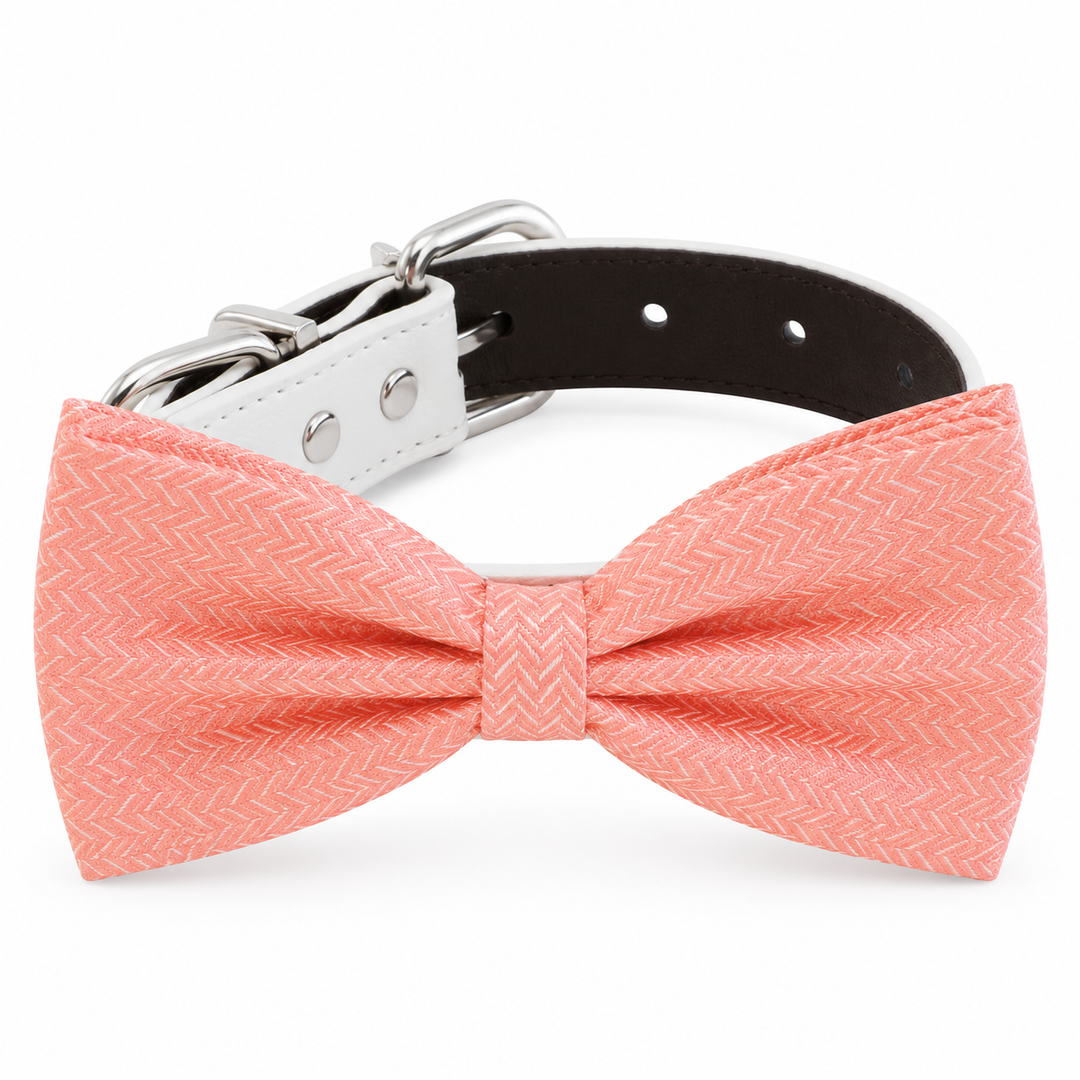 Coral herringbone dog bow tie collar with textured woven pattern, white vegan leather collar, and silver-tone hardware