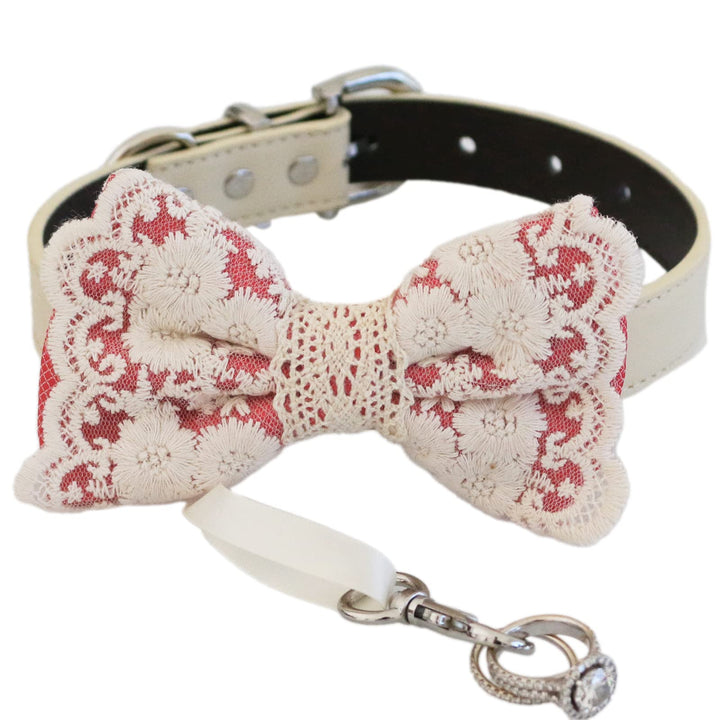 Coral lace ring bearer dog bow tie collar with attached ribbon ring holder and silver hardware