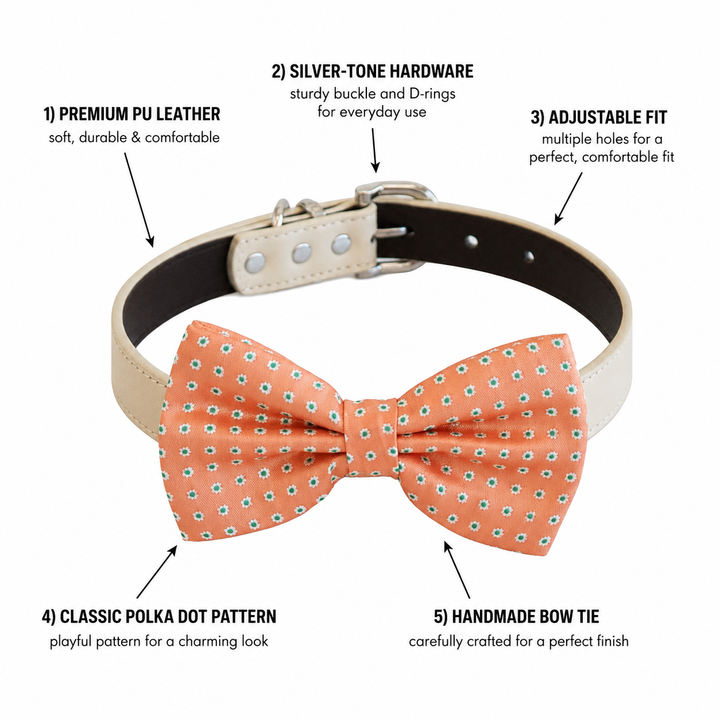 Coral polka dot dog bow tie collar feature guide showing vegan leather collar, silver-tone hardware, adjustable fit, and handmade bow tie